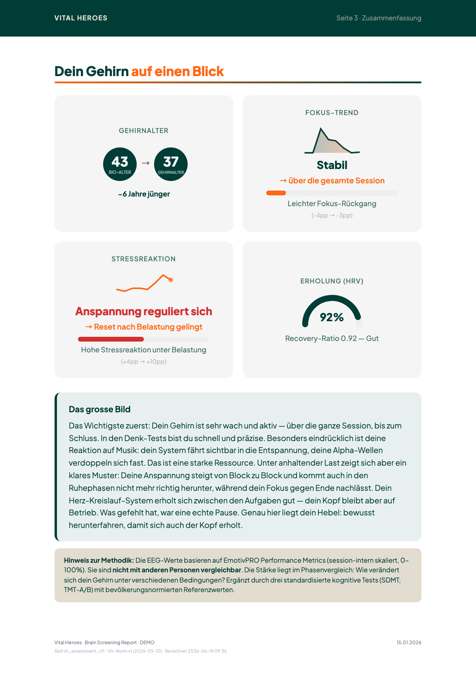 Beispielseite: Überblick über Gehirnalter, Fokus, Stress und Erholung